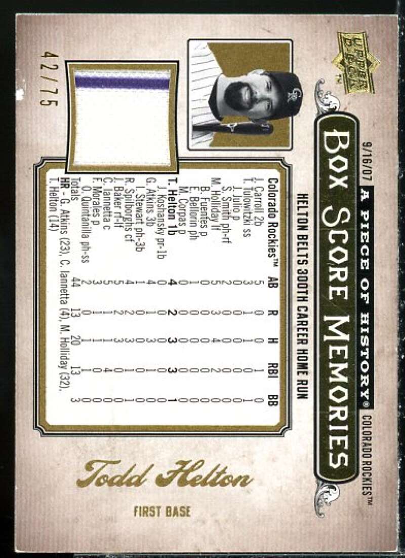 Todd Helton 2008 UD A Piece of History Box Score Memories Jersey Gold #BSM19  Image 1