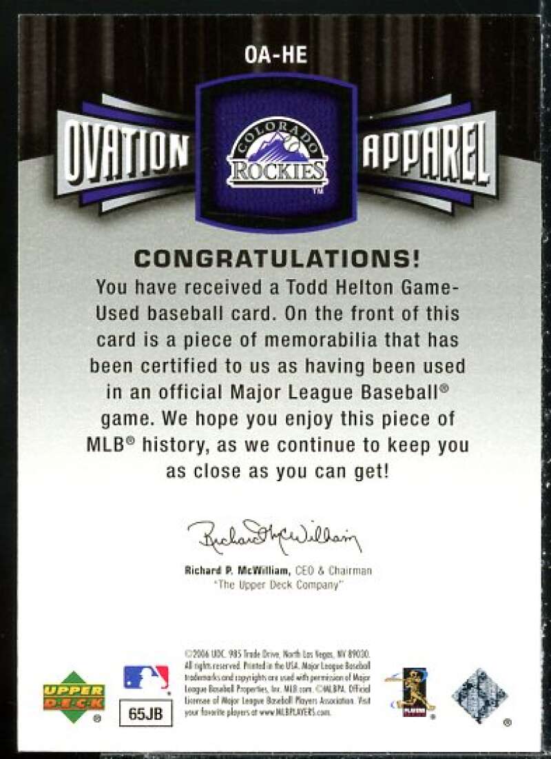 Todd Helton Jsy Card 2006 Upper Deck Ovation Apparel #HE  Image 2