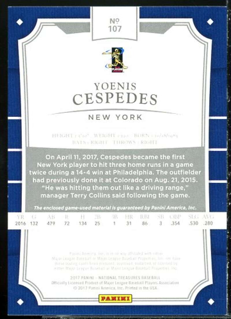 Yoenis Cespedes Card 2017 Panini National Treasures #107  Image 2