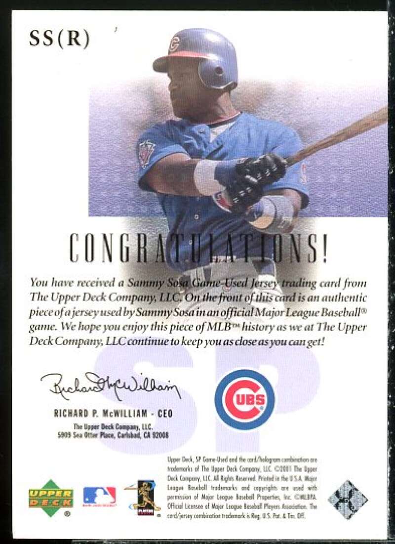 Sammy Sosa Road Card 2001 SP Game Used Edition Authentic Fabric #SSR  Image 2
