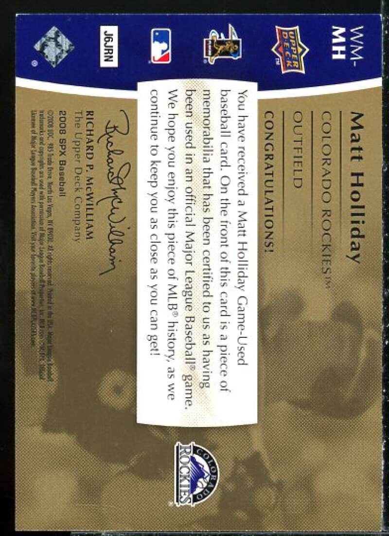 Matt Holliday Card 2008 SPx Winning Materials SPx 150 #MH  Image 2