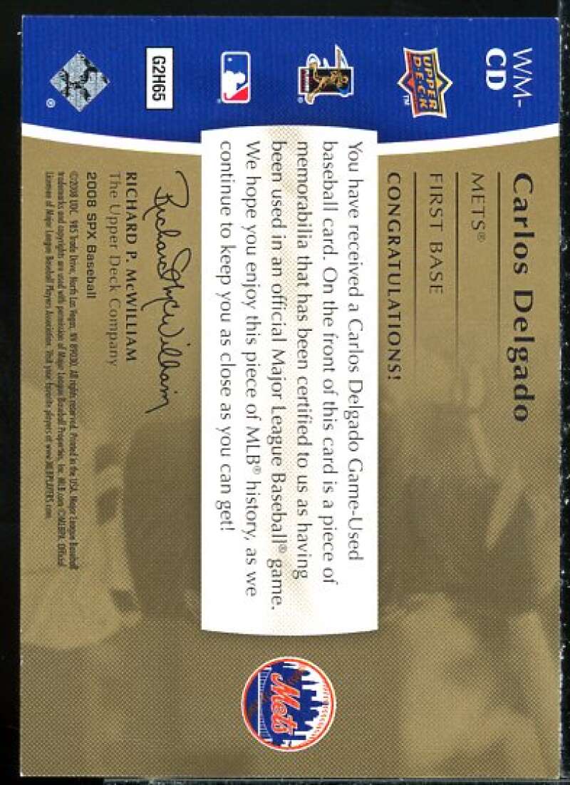Carlos Delgado Card 2008 SPx Winning Materials MLB 125 #CD  Image 2