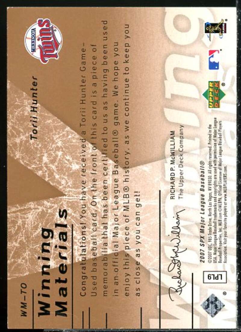 Torii Hunter Card 2007 SPx Winning Materials 199 Bronze #TO  Image 2