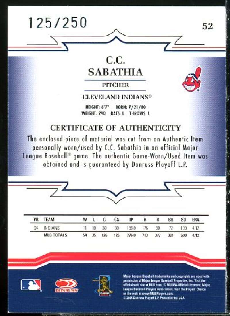 C.C. Sabathia Card 2005 Throwback Threads Material Jersey #52  Image 2