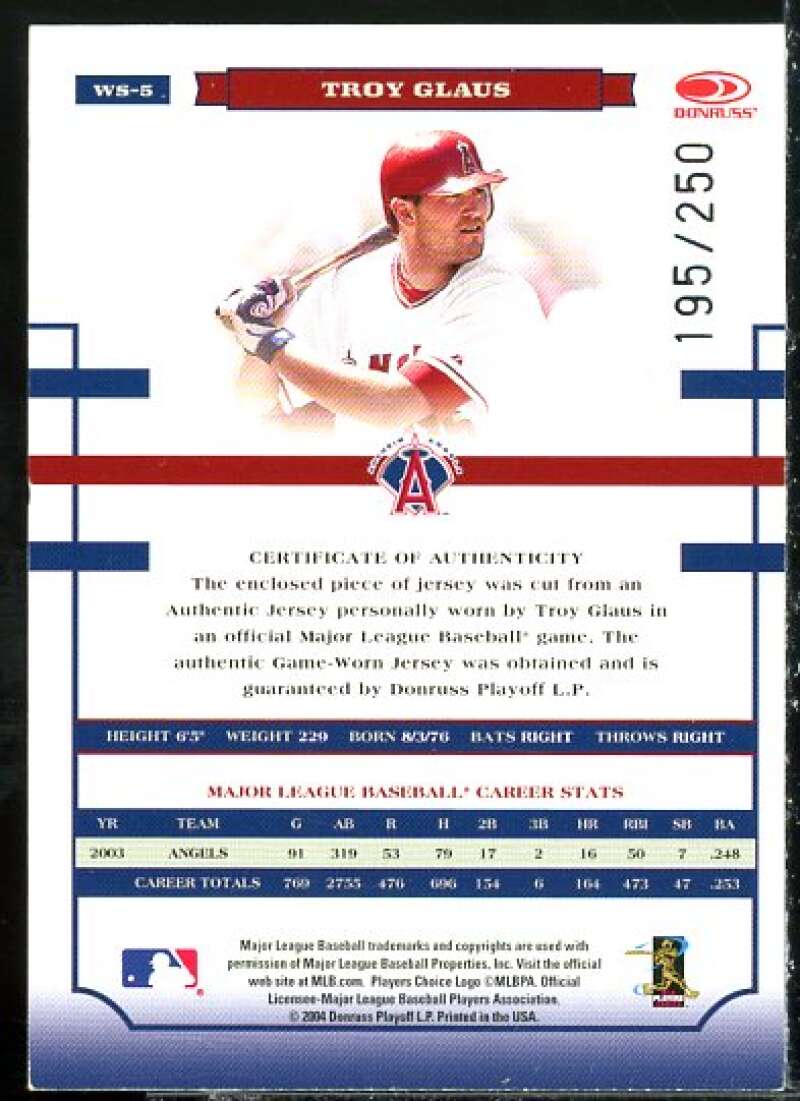 Troy Glaus Jsy Card 2004 Donruss World Series Material Fabric AL/NL #5  Image 2