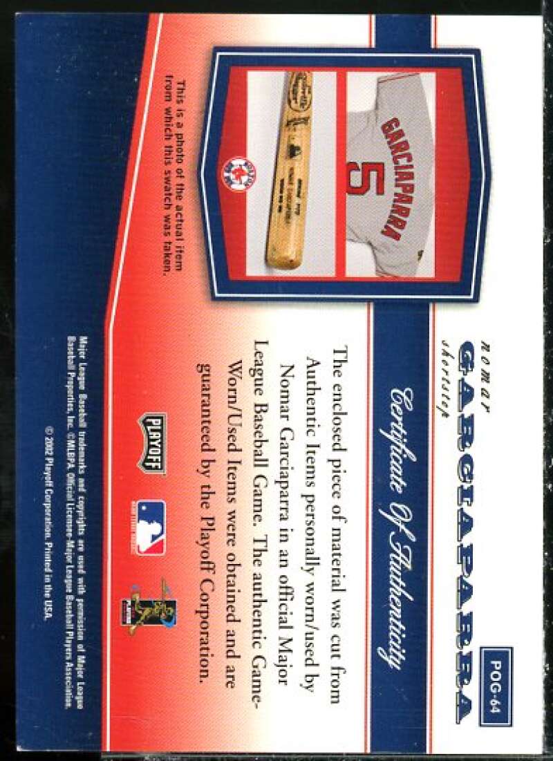 Nomar Garciaparra Jsy Card 2002 Playoff Piece of the Game Materials #64A  Image 2