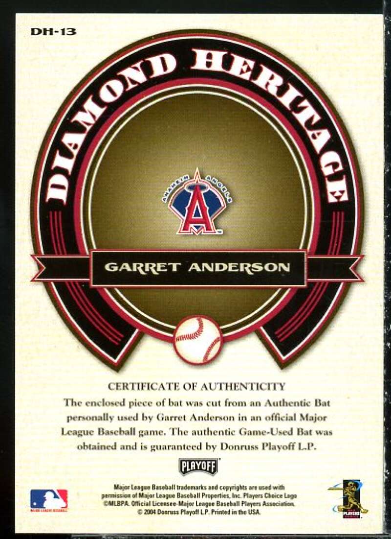 Garret Anderson Bat Card 2004 Playoff Prestige Diamond Heritage Material #13  Image 2