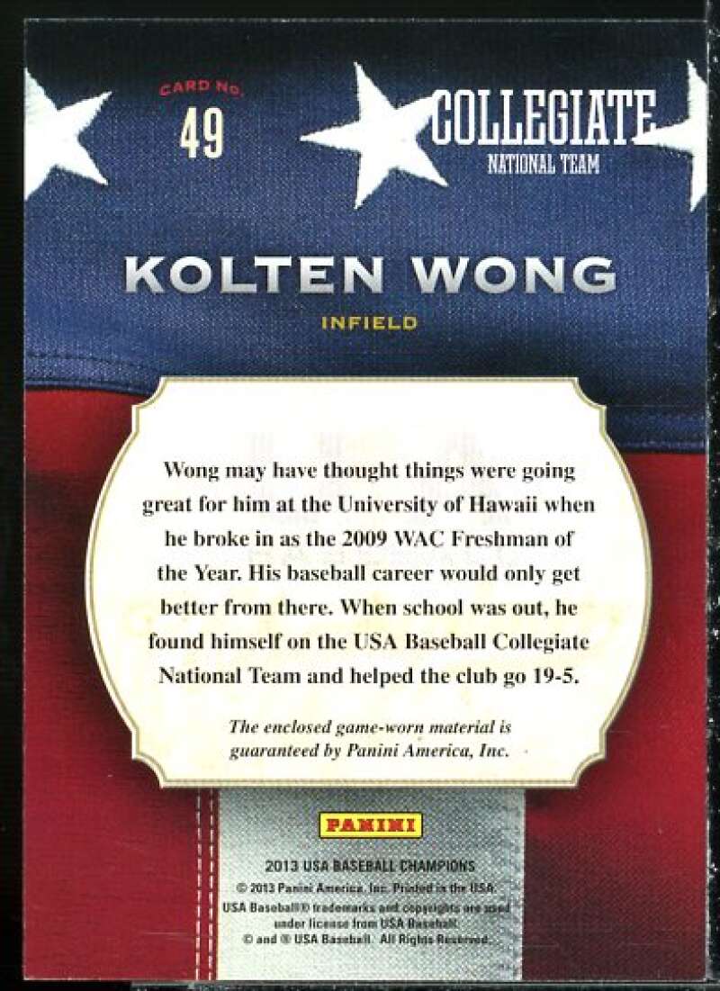 Kolten Wong Card 2013 USA Baseball Champions Game Gear Jerseys #49  Image 2