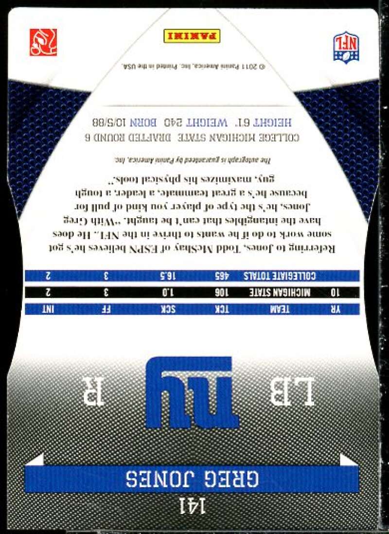 Greg Jones Rookie Card 2011 Donruss Elite Aspirations Autographs #141  Image 2
