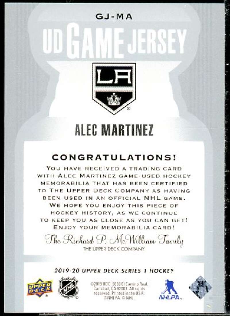 Alec Martinez E Card 2019-20 Upper Deck Game Jerseys #GJMA  Image 2