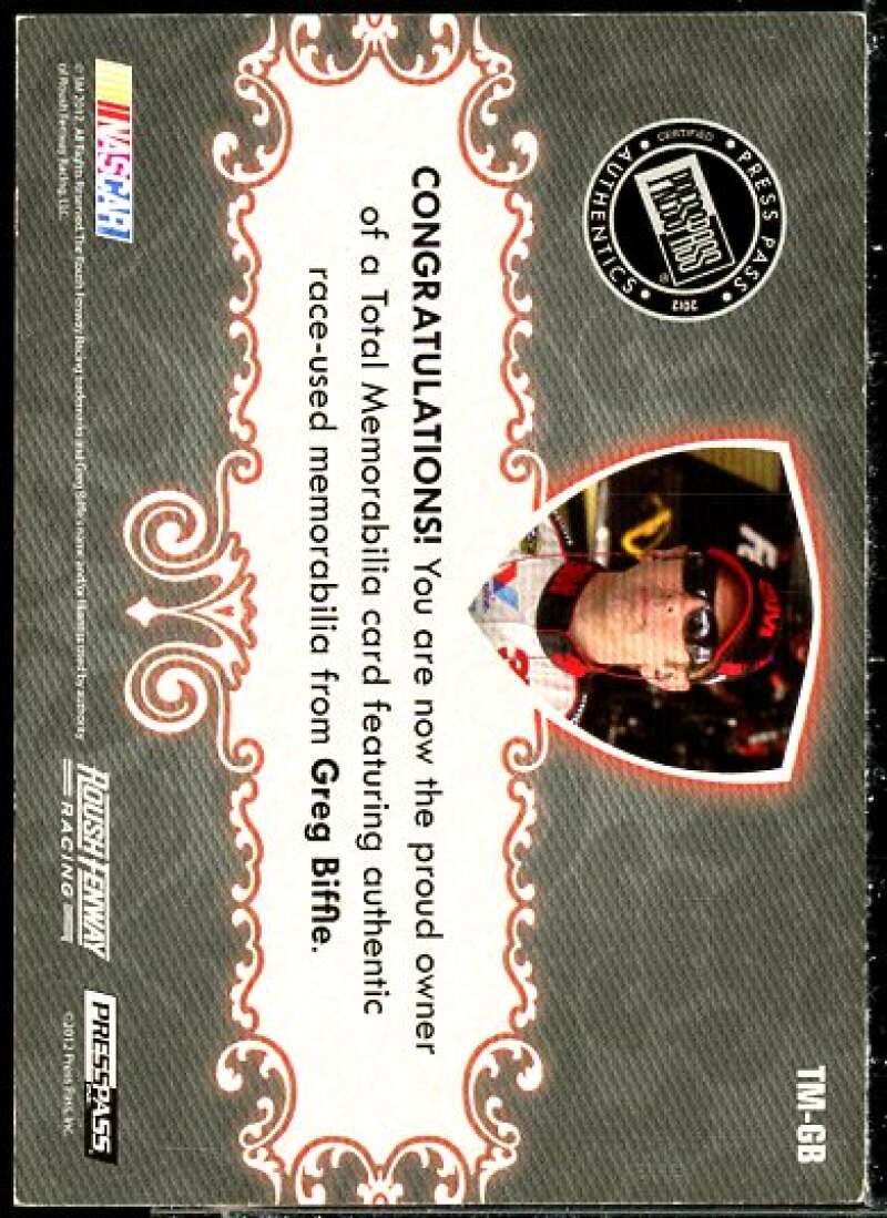 Greg Biffle Card 2012 Total Memorabilia Single Swatch Holofoil #TMGB  Image 2