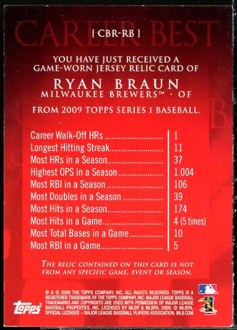 Ryan Braun Jsy B1 Card 2009 Topps Career Best Relics #RB  Image 2