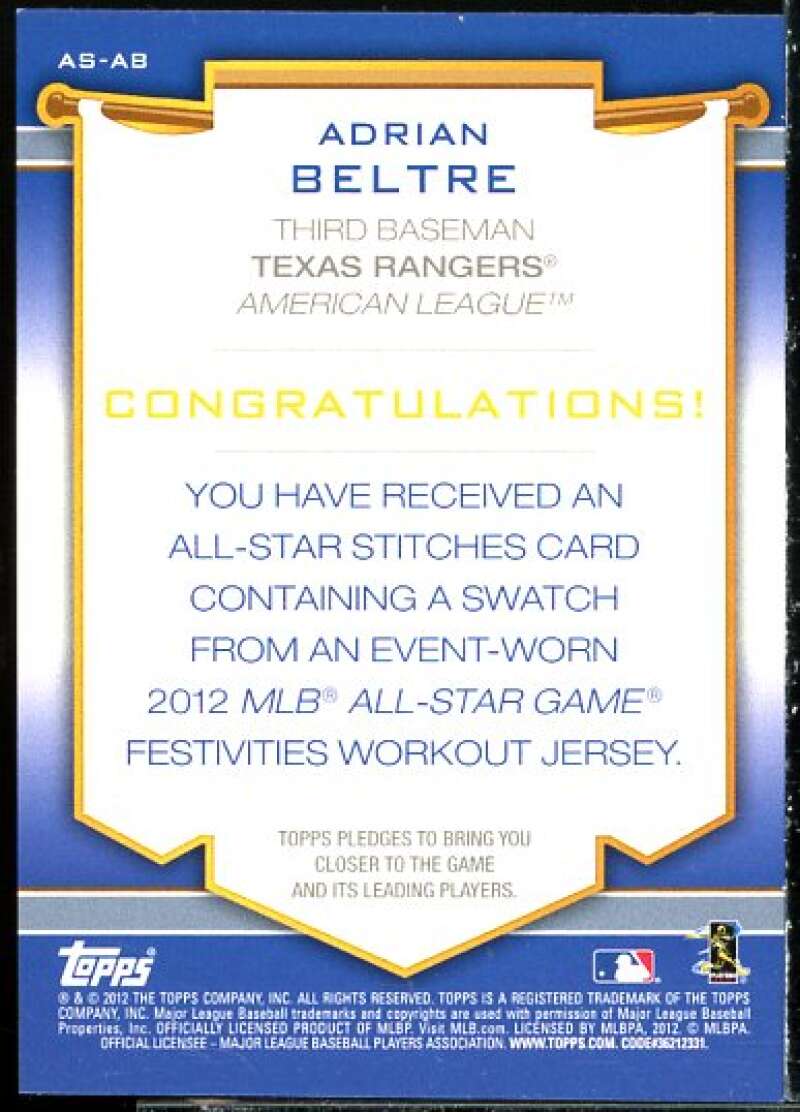 Adrian Beltre Card 2012 Topps Update All-Star Stitches #AB  Image 2