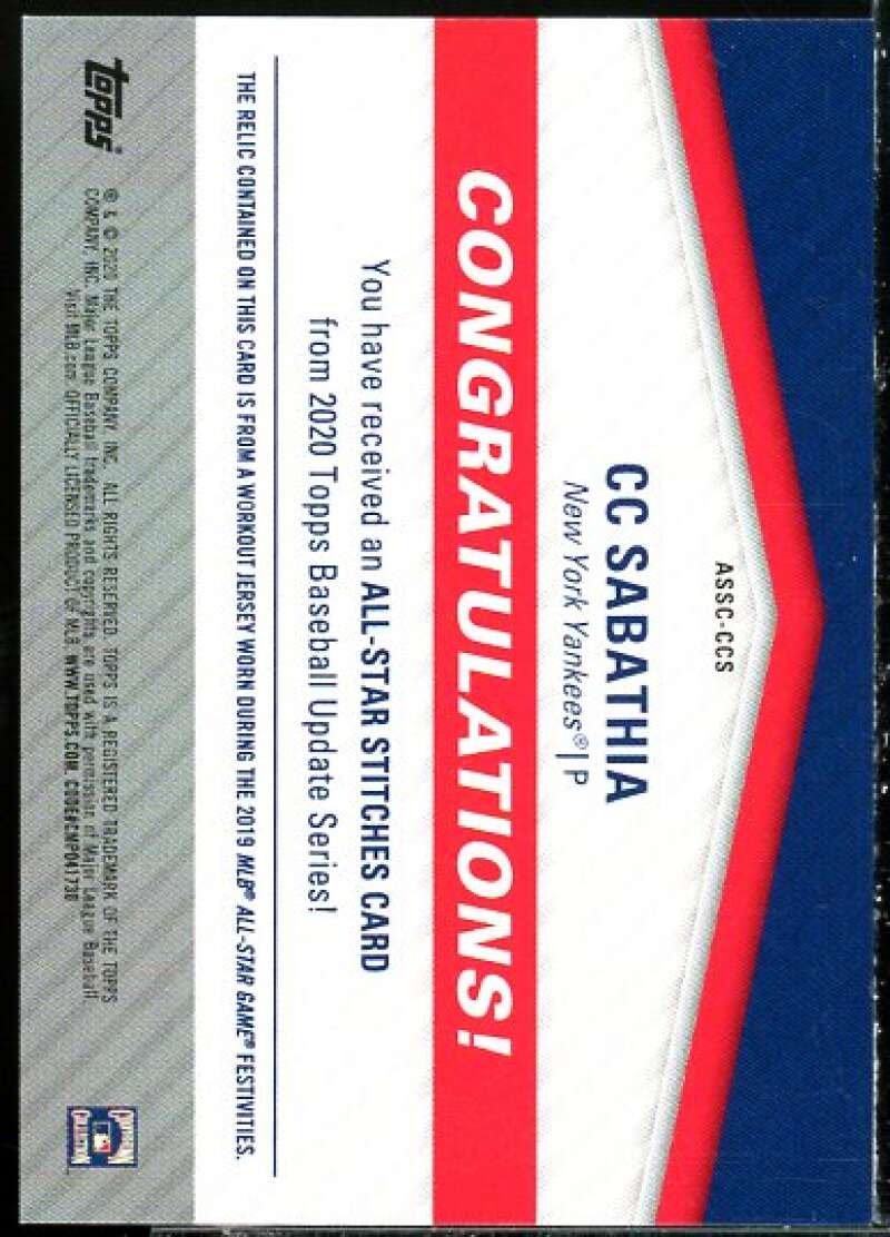 CC Sabathia Card 2020 Topps Update All Star Stitches #ASSCCCS  Image 2