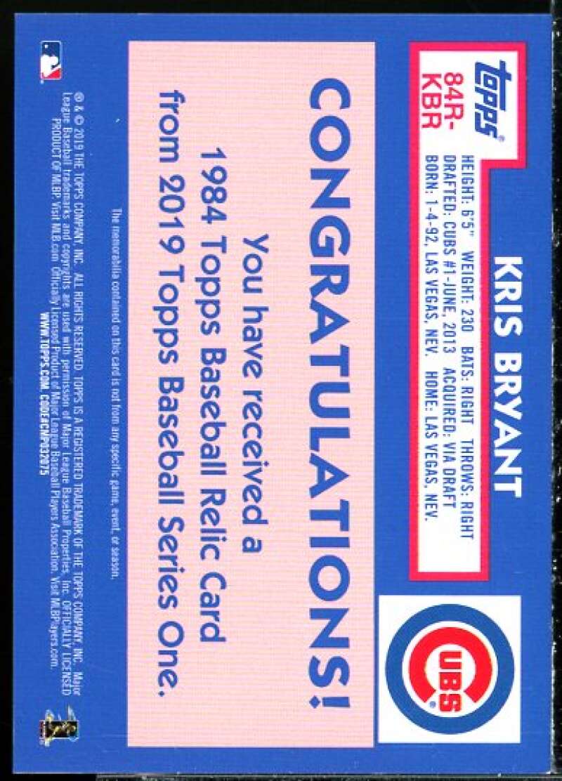 Kris Bryant Card 2019 Topps '84 Topps Relics #84RKBR  Image 2