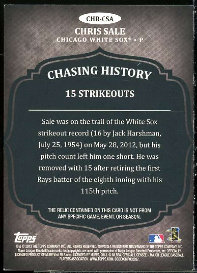 Chris Sale Card 2013 Topps Chasing History Relics #CSA  Image 2