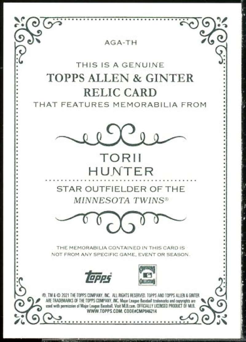 Torii Hunter Card 2021 Topps Allen and Ginter Relics #AGATH  Image 2