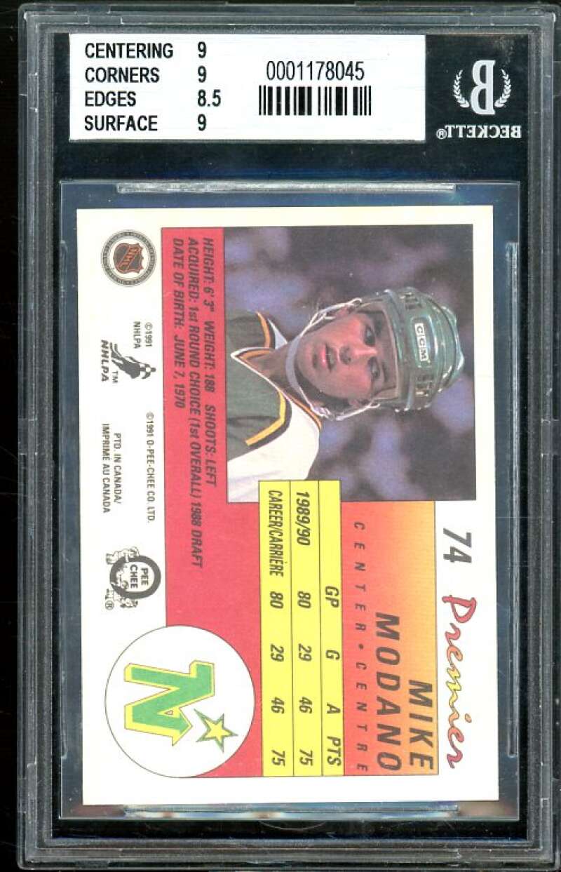 Mike Modano Rookie Card 1990-91 OPC Premier #74 BGS 9 Image 2