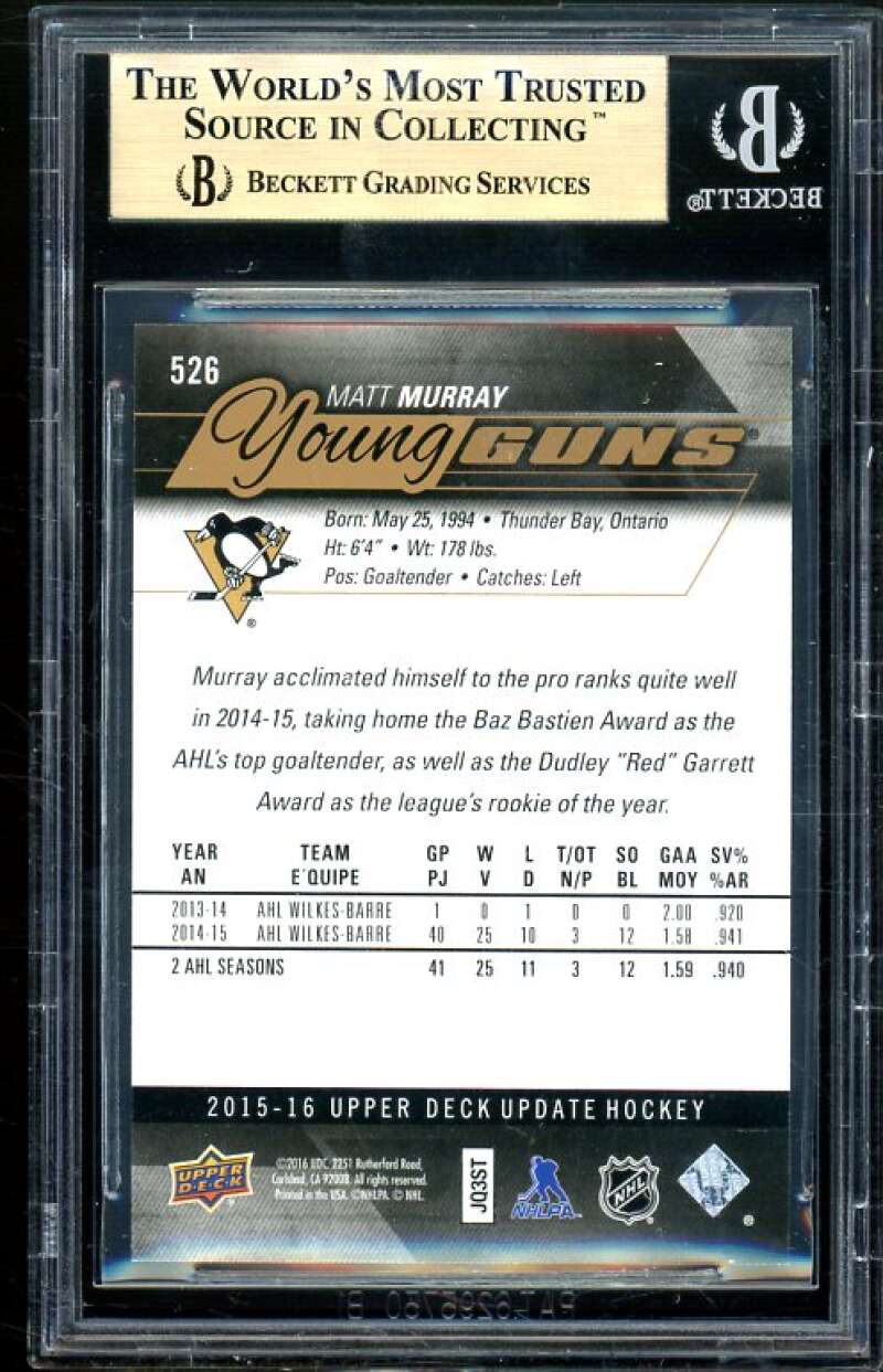 Matt Murray Rookie 2015-16 Upper Deck Exclusives YG #526 BGS 9.5 (10 9 9.5 9.5) Image 2