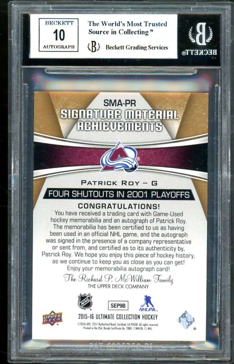 Patrick Roy 2015-16 Ultimate Coll Signature Mat Achievements #pr (7/10) BGS 8.5 Image 2