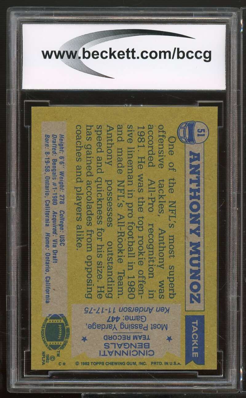 1982 Topps #51 Anthony Munoz Rookie Card BCCG 9 Near Mint+ Image 2