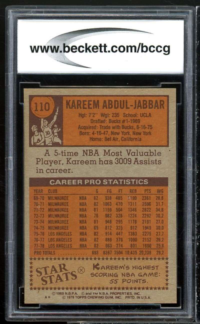 1978-79 Topps #110 Kareem Abdul-Jabbar Card BGS BCCG 9 Near Mint+ Image 2