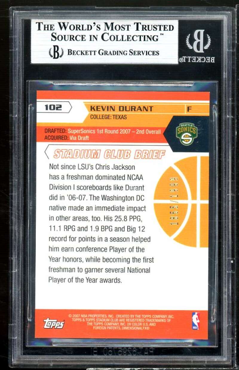 Kevin Durant Rookie Card 2007-08 Stadium Club #102 BGS 9 (10 9.5 9.5 8) Image 2