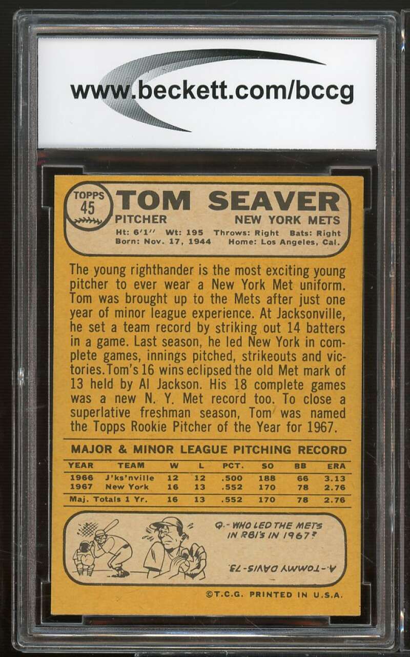 1968 Topps #45 Tom Seaver Card BGS BCCG 9 Near Mint+ Image 2