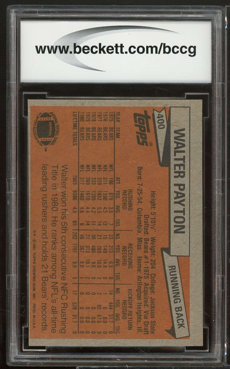 1981 Topps #400 Walter Payton Card BGS BCCG 9 Near Mint+ Image 2