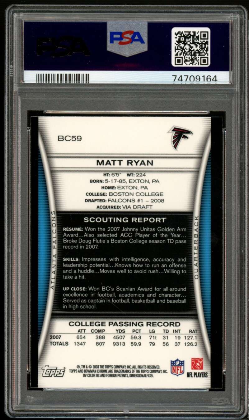 Matt Ryan Rookie Card 2008 Bowman Chrome #BC59 PSA 10 Image 2