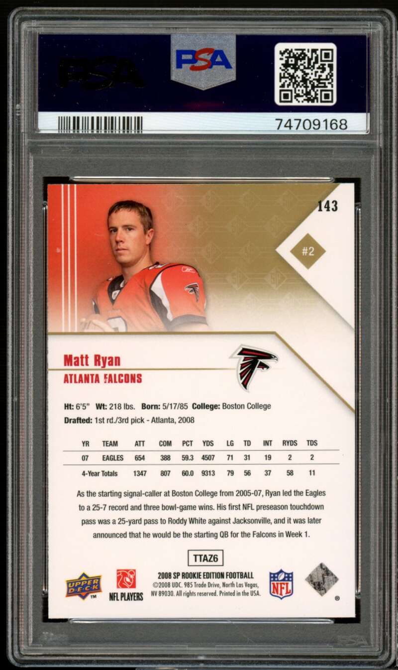 Matt Ryan Rookie Card 2008 SP Rookie Edition #143 PSA 7 Image 2