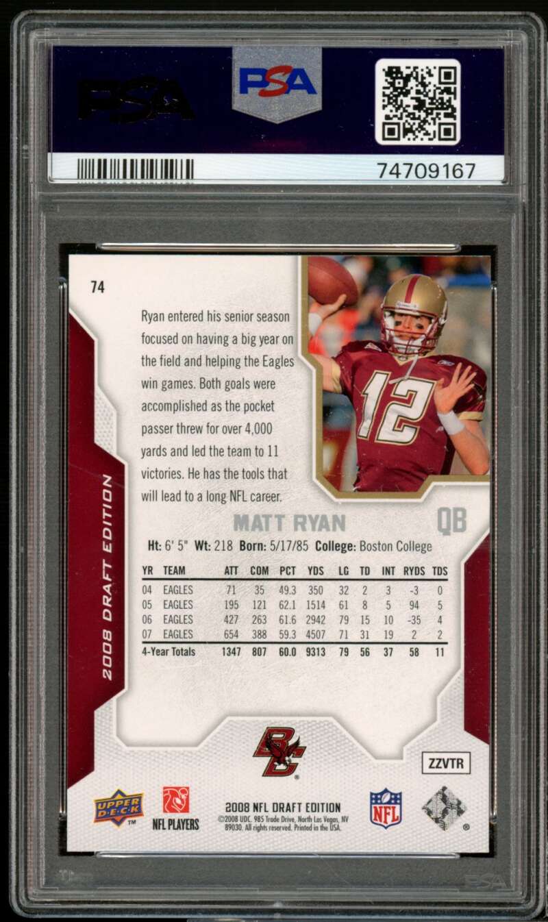 Matt Ryan Rookie Card 2008 Upper Deck Draft Edition #74 PSA 10 Image 2