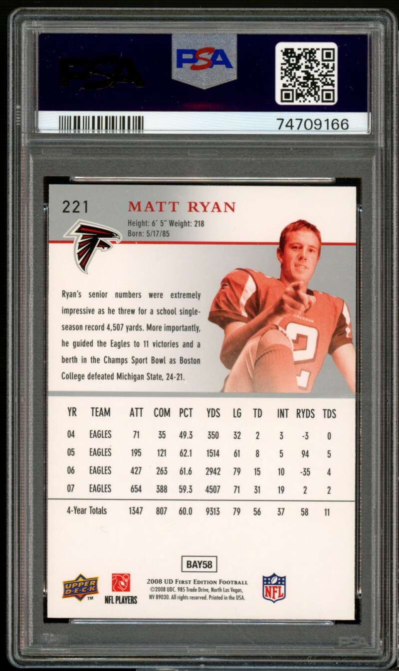 Matt Ryan Rookie Card 2008 Upper Deck First Edition #221 PSA 9 Image 2