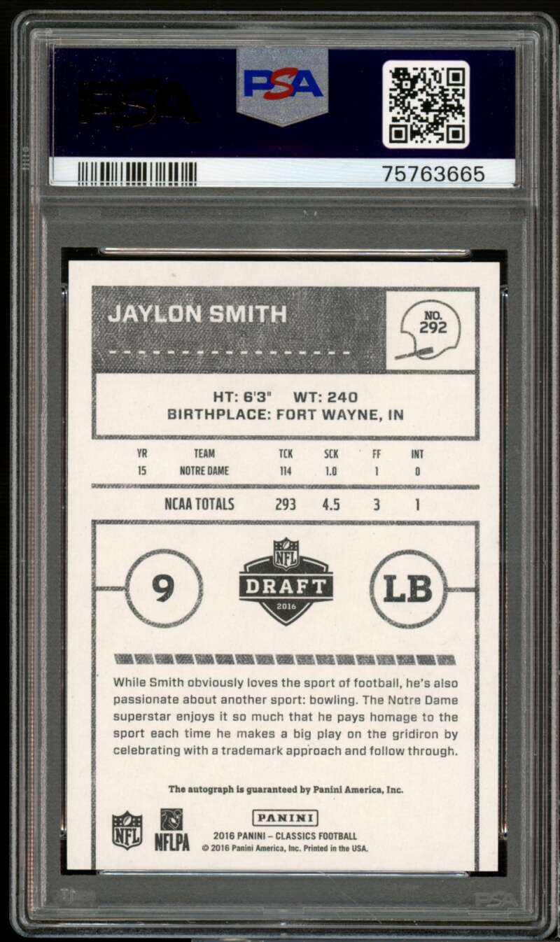 Jaylon Smith Rookie Card 2016 Panini Classics Autograph #292 (pop 2) PSA 9 Image 2