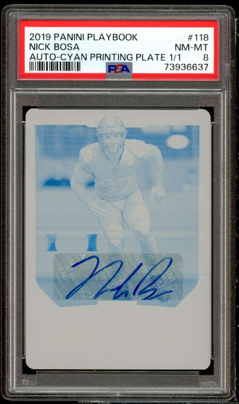 Nick Bosa Rookie Card 2019 Panini Playbook Auto-Cyan Printing Plate 1 of 1 PSA 8 Image 1