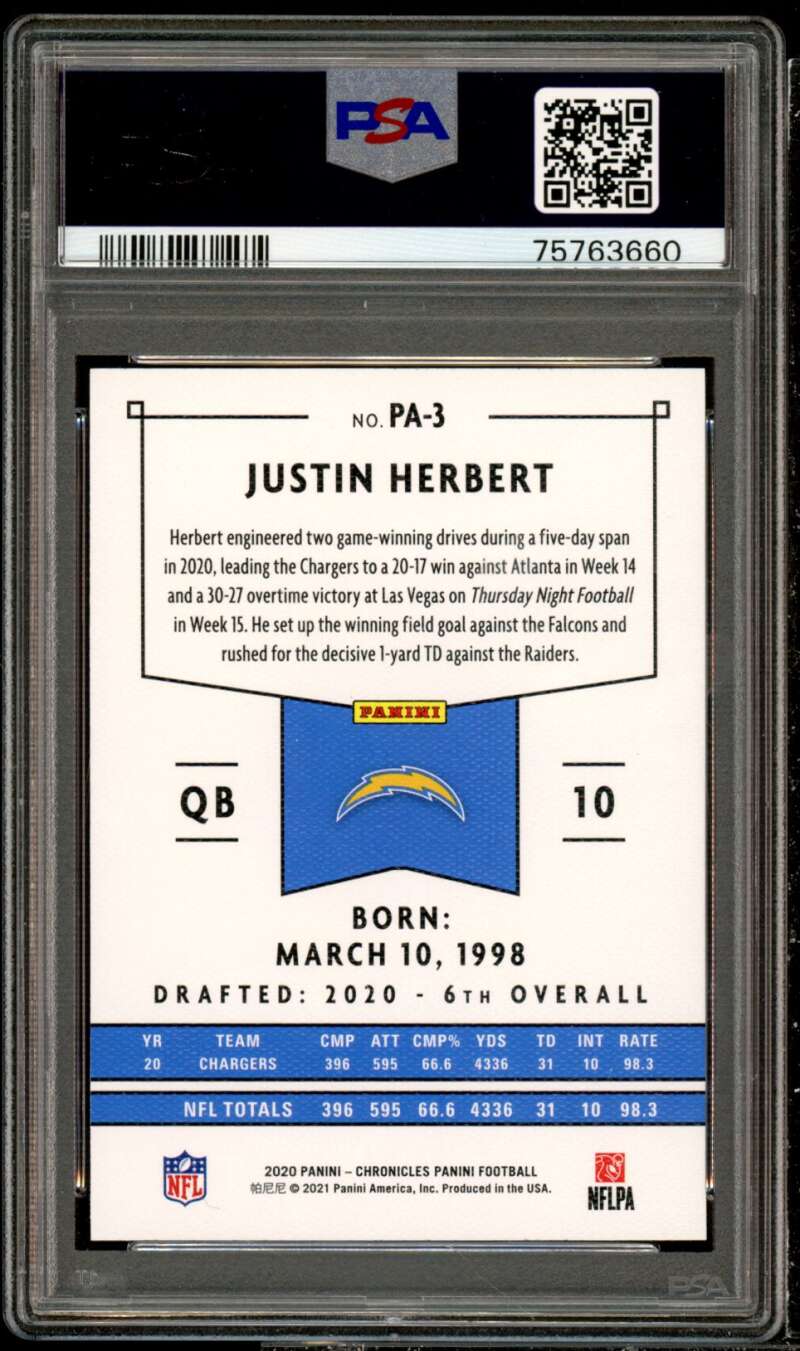 Justin Herbert Rookie Card 2020 Panini Chronicles Panini #PA-3 PSA 10 Image 2