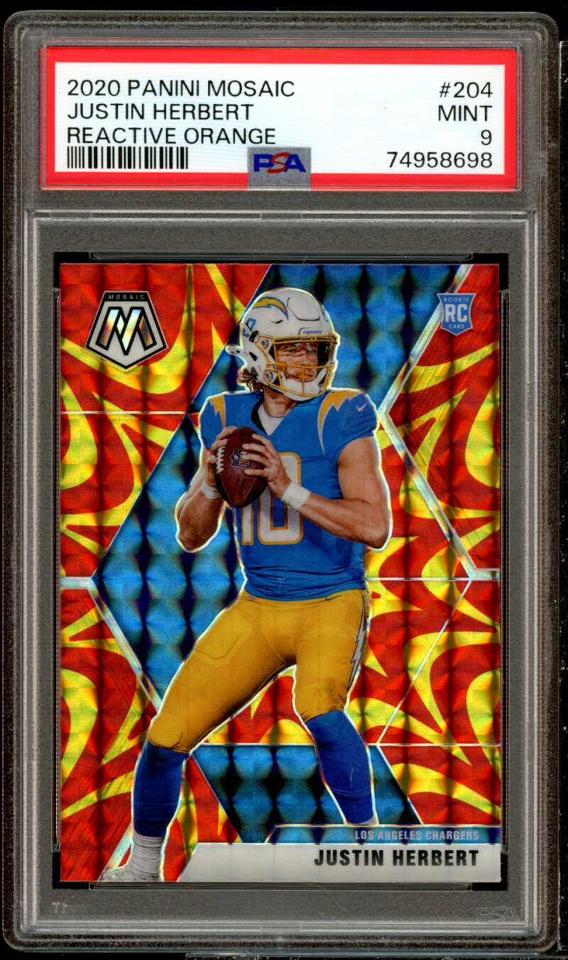 Justin Herbert Rookie Card 2020 Panini Mosaic Reactive Orange #204 PSA 9 Image 1