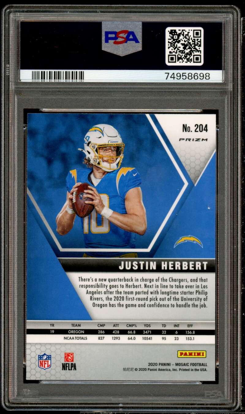 Justin Herbert Rookie Card 2020 Panini Mosaic Reactive Orange #204 PSA 9 Image 2