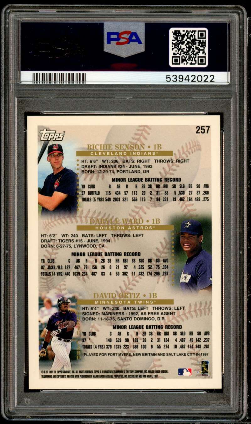 Richie Sexson/Daryle Ward/David Ortiz Rookie Card 1998 Topps #257 PSA 9 Image 2