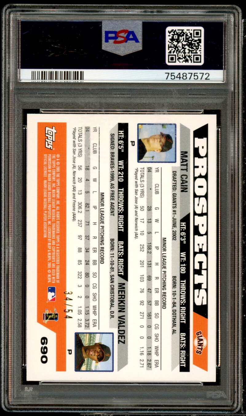 Matt Cain/Merkin Valdez Rookie Card 2005 Topps Black #690 (pop 1) PSA 9 Image 2