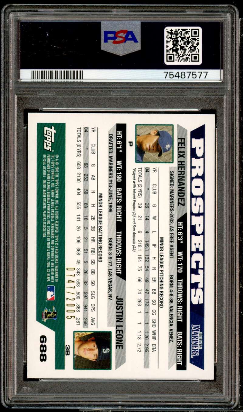 J. Jeone / Felix Hernandez Rookie Card 2005 Topps Gold #688 (pop 1) PSA 9 Image 2