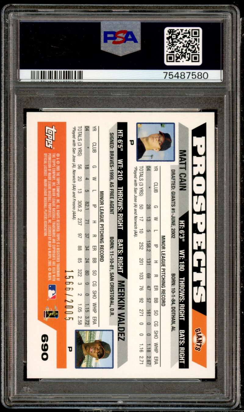 Matt Cain/Merkin Valdez Rookie Card 2005 Topps Gold #690 (pop 1) PSA 9 Image 2