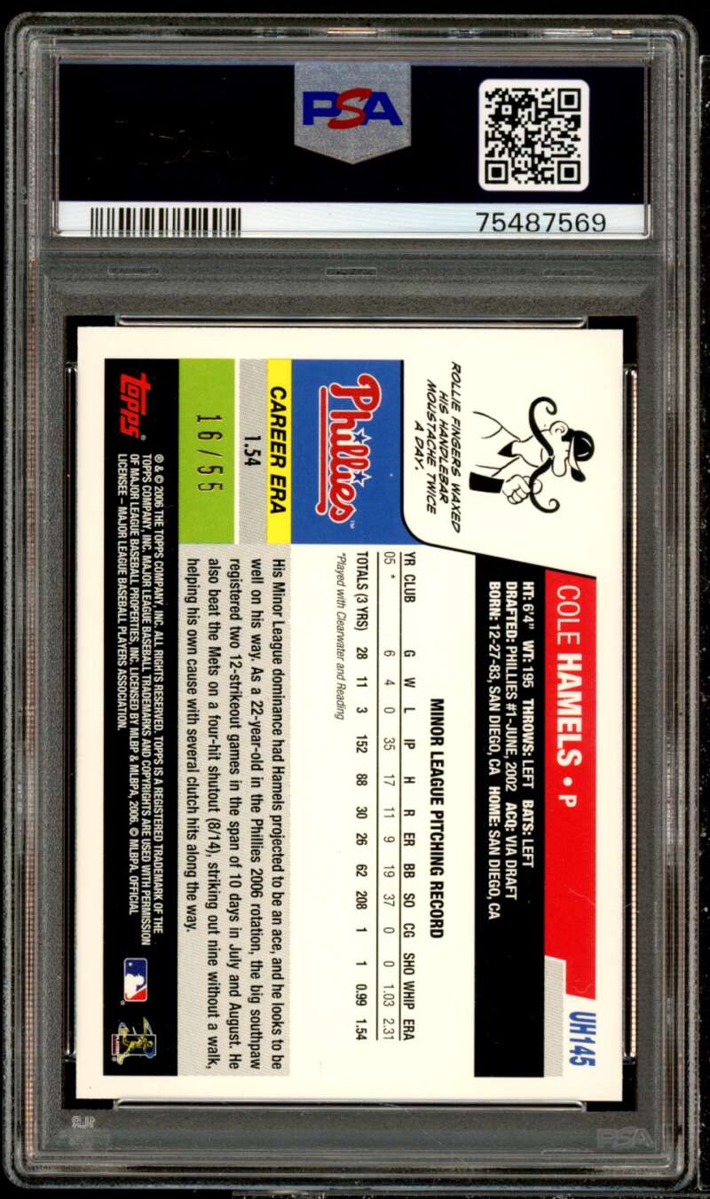 Cole Hamels Rookie Card 2006 Topps Update Black #UH145 (pop 1) PSA 9 Image 2