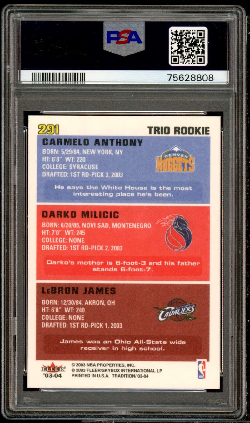 Carmelo Anthony/Milicic/Lebron James Rookie 2003-04 Fleer Tradition #291 PSA 9 Image 2