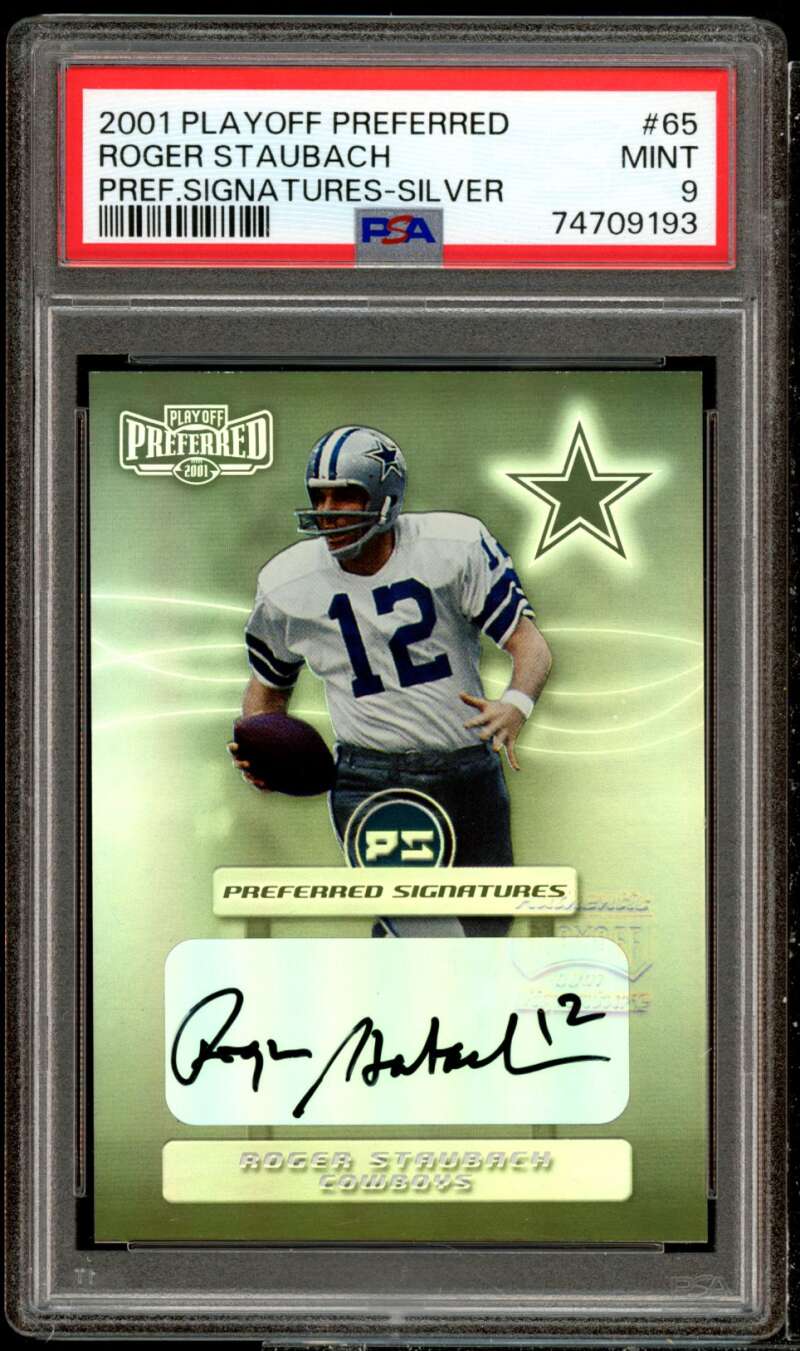 Roger Staubach Card 2001 Playoff Preferred Signatures Silver #65v (pop 2) PSA 9 Image 1