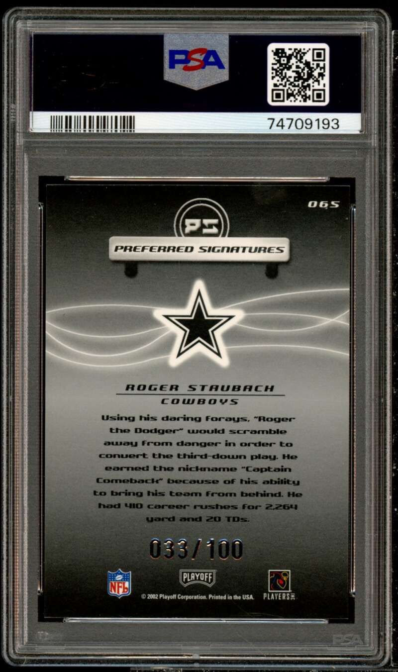 Roger Staubach Card 2001 Playoff Preferred Signatures Silver #65v (pop 2) PSA 9 Image 2