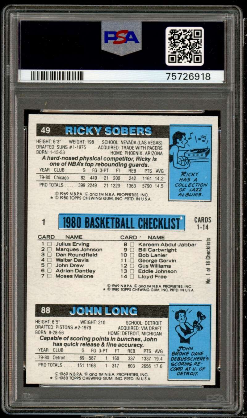 John Long/ Ricy Sobers/ Julius Erving Card 1980-81 Topps #1 PSA 9 Image 2