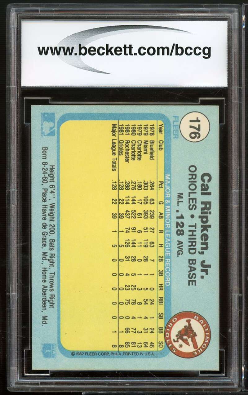 1982 Fleer #176 Cal Ripken Jr Rookie Card BGS BCCG 9 Near Mint+ Image 2