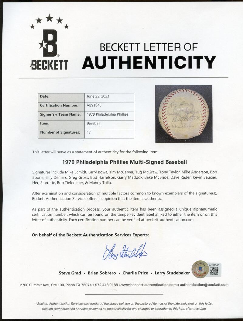 1979 Phillies Autograph Signed Mike Schmidt Team Baseball BAS LOA Authentic  Image 1
