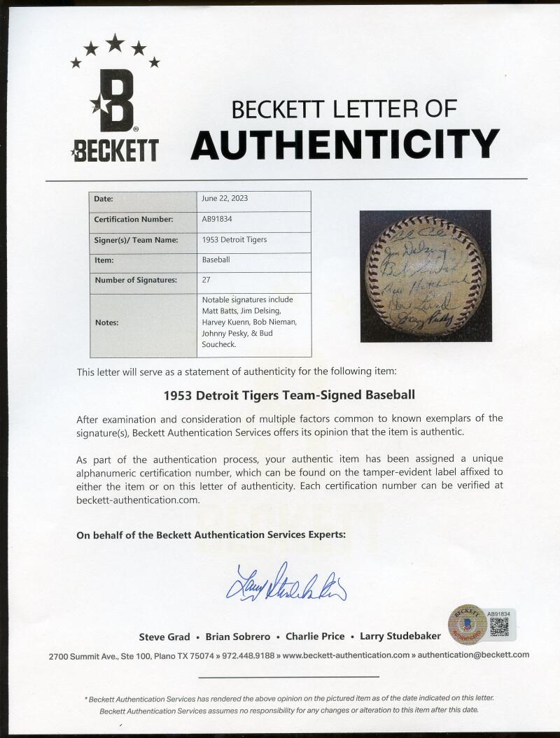1953 Detroit Tigers Autograph Signed Team Baseball BAS LOA Authentic  Image 1